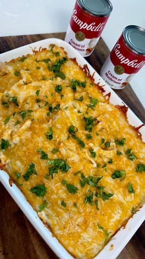 Claudia on Instagram: "#CampbellsPartner Bringing the heart of the Southwest to your kitchen with this comforting Chicken Enchilada Casserole featuring Campbell’s® Condensed Cream of Mushroom Soup. This dish is special because it blends the rich, vibrant flavors of Southwestern cuisine with the comfort of a home-cooked meal. The combination of enchilada sauce, green chiles, and creamy mushroom soup creates a delicious and heartwarming experience that reminds me of the warmth and spice of Southwe