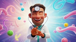Download Smiling Cartoon Doctor Character Wearing a White Lab Coat Presentation for free