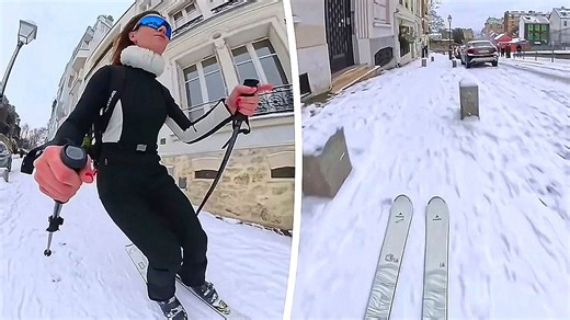 Urban slopes: woman skis Montmartre during rare snowfall in Paris