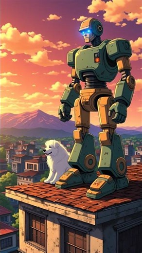 Giant Mecha & Loyal Companion: Stunning Sci-Fi Anime Sunset Architecture