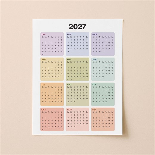 2027 Rainbow Year Calendar: Printable Year at a Glance Planner (A3, A4, Letter, 11x17) - Etsy