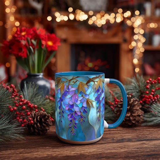 Wisteria Stained Glass Mug ~ Blue & Gold Art Nouveau Botanical Drinkware, Gift for Garden Lovers - Etsy