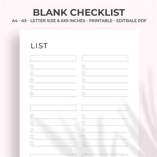 Blank Checklist Printable, Minimalist to Do List Template (A4, Letter, 6x9, A5 PDF Files) - Etsy