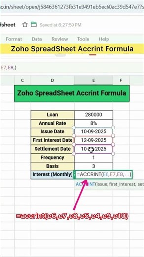 Zoho SpreadSheet Accrint Formula #excel #exceltutorial #exceltips #zoho