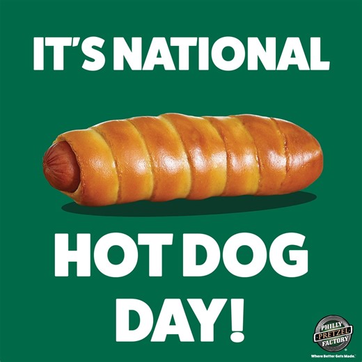 Happy National Hot Dog Day! Run to your local Philly Pretzel Factory to grab a $1 Pretzel Dog!! 🥨🌭 *Only available while supplies last* #nationalhotdogday #hotdog #DAWG #phillypretzelfactory #pretzel #snacktime #phoneeatsfirst #philadelphia #foodie #softpretzel | Philly Pretzel Factory