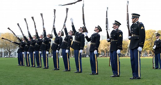 This afternoon, in front of cadets and high school students, The United States Army Drill Team demonstrated their impressive routines with bayonet-tipped 1903 Springfield rifles on Summerall Field as part of a recruiting event hosted by The Citadel's Army ROTC Palmetto Battalion. | The Citadel