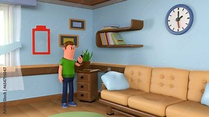 3D cartoon man checking his mobile phone on charging and getting low battery notification. Putting smartphone on charging and removing USB cable port to check battery charging progress bar.