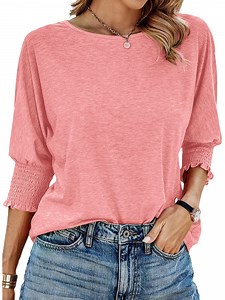 UVN Crewneck Blouse for Women Summer 3/4 Sleeve T-Shirts Casual Tees Ladies Loose Tops