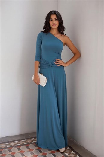 Indigo Blue Long Sleeve Prom Dress – Evening Wrap Dress, Infinity Sleeve Gown, Elegant Formal Long Sleeve Dress” - Etsy