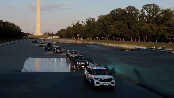 Trump drives across Reflecting Pool to inspect blue coating he ordered