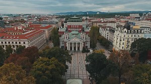 Drone footage of Ivan Vazov National Theater and the Dancing Ballerina sculpture in Sofia, Bulgaria