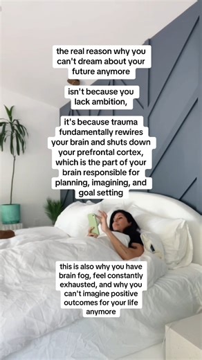 there’s a reason it’s hard to envision your future after trauma, but healing is possible 👇🏼 for trauma survivors, imagining your future can feel almost impossible 🥹 this is because trauma fundamentally rewires your brain, shutting down your prefrontal cortex — the part of your brain responsible for planning, imagining, and goal setting 🫠 this isn’t your fault! your brain has just been stuck in survival mode for so long that it doesn't have the capacity or the physiological ability to think a