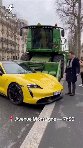 FuturAI Creations on Instagram: "Personne ne comprend ce qu’il se passe 😬 Une moissonneuse-batteuse avance lentement face à une Porsche Taycan Turbo S jaune. Le propriétaire panique. Les passants filment. La scène devient totalement irréelle. Vidéo humoristique – personnages fictifs générés par IA – pas pour enfants. #sora2 #sora #veo3 #paris #porsche #insolite #ia #reelsinstagram"