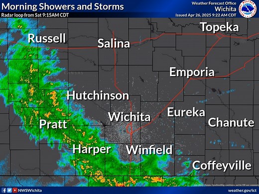 [9:15AM Sat radar loop] - Morning showers and thunderstorms are moving in from the southwest and will continue to do so into the afternoon. If you have outdoor plans, remember: When Thunder Roars, Go Indoors. Strong or severe storms are not expected. | US National Weather Service Wichita Kansas