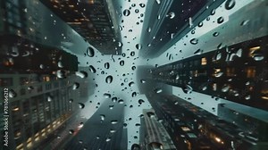 A rooftop view of raindrops creating symmetrical patterns as they slide down the dizzying angles of neighboring buildings.