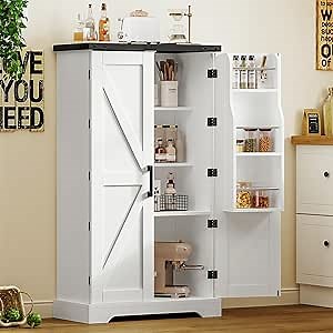 TEENFON Farmhouse Pantry Cabinet, Kitchen Cabinet, Storage Cabinets with Barn Doors, 2 Adjustable Shelves, for Kitchen, Dining Room, White