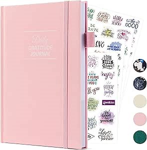 Comkiso Gratitude Journal with 4 Inspirational Stickers: Undated Daily Gratitude Journal for Women and Men - More Happiness, Affirmation, and Mindfulness in A Few Minutes with Prompts & Quotes (Pink)