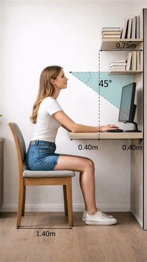 Ergonomic computer desk setup with correct viewing angle and workspace measurements