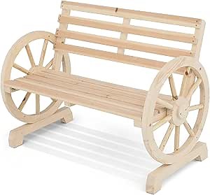 MoNiBloom 41" Rustic Garden Benches for Outdoors, Wooden Wheel Design 2-Person Front Porch Bench with Slatted Seat and Backrest, Natural