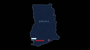 Premium stock video - Ghana blue map with accra capital city and geographic coordinates on black background