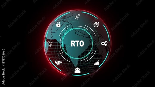 IT Disaster Recovery RTO HUD Interface with Global World Map, Continuity Icons, Business Recovery Visualization and Futuristic Dashboard