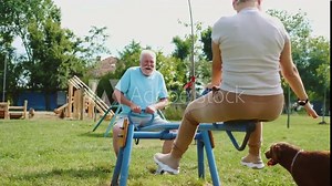 Elderly old happy couple having fun at the playground riding seesaw