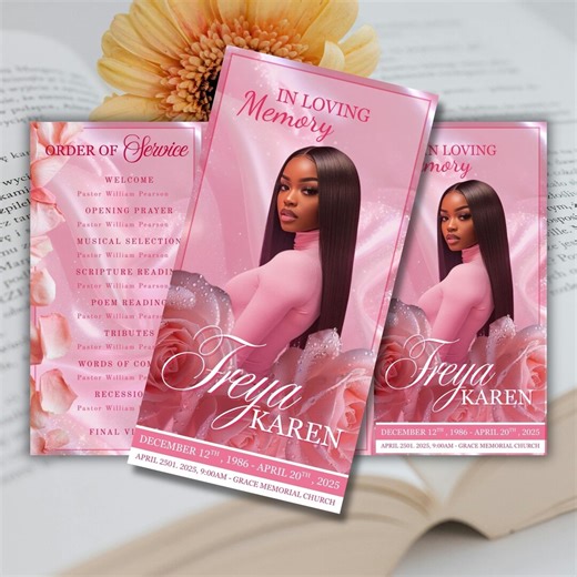 Pink Roses Funeral Program Trifold Template, 17x11 Canva Memorial Obituary Program, Elegant Pink Bi-fold Funeral Program Celebration of Life - Etsy