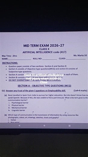class 10 artificial intelligence half yearly question paper 2026 | class 10 ai mid term 2026 | cbse