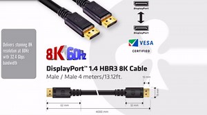 Club3D CAC-1069B VESA Certified DisplayPort to DisplayPort 1.4/Hbr3 M/M Cable DP 1.4 8K 60Hz 4m- 13,12ft