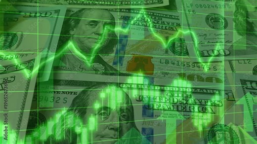 The US dollar bill is superimposed on a rising blue financial chart, illustrating volatility, economic growth, and the strong recovery of the US and other markets.