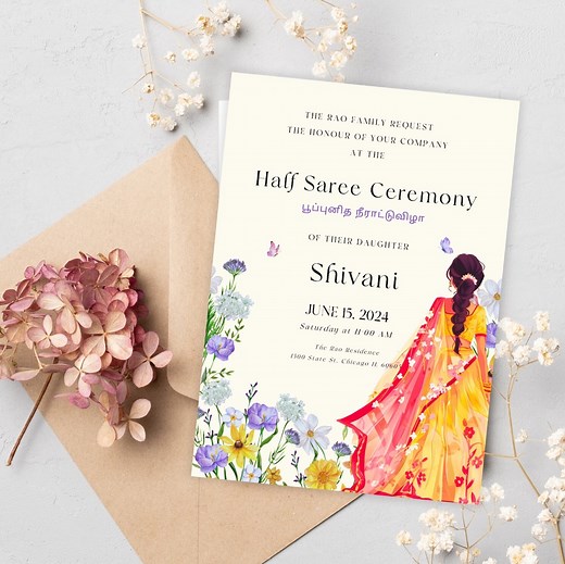 Tamil Puberty Ceremony Invitation Template, Ritu Kala Samskaram Evite, Half Saree Ceremony Invite, Half Sari Ecard, South Indian Card - Etsy