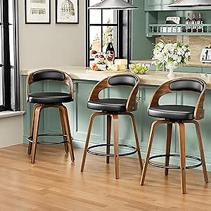 YaFiti Bar Stools Set of 3, 26" Counter Height Barstools with Bentwood Legs, Swivel Counter Stools with Back, Mid Century Modern Faux Leather Upholstered Bar Chairs for Kitchen Island, Black