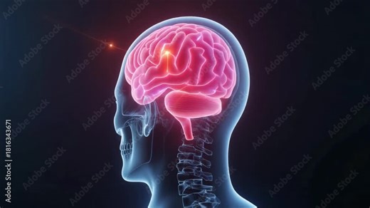 Cinematic 3D animation of a transparent human head in side profile, reveal