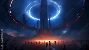 A tall futuristic tower visible in the night sky with a ring of energy around a large arena in the center in a frenzied cyberpunk art