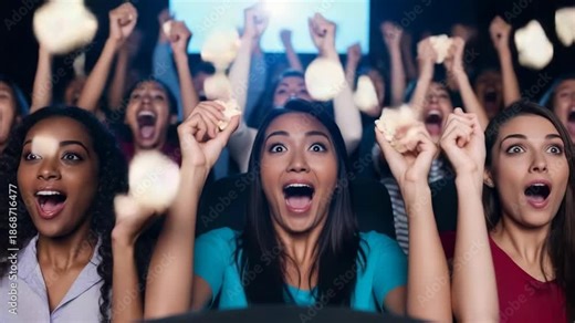 Group of people cheer and show emotions while watching a film in a cinema during the evening