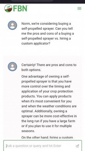 Meet Norm! Norm is FBN’s new AI Ag Advisor. Built off ChatGPT’s language model & trained on high quality #agronomy content, Norm will be a powerful tool for farmers to answer questions. Ask Norm your first question today  https://fbn.com/norm #ChatGPT #ai #agtech #agriculture #farming #farmersfirst #fbn | FBN Farmers Business Network, Inc. | Facebook