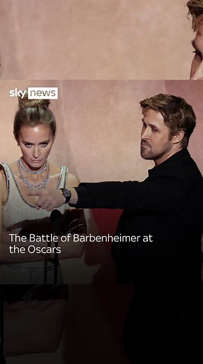 Barbie won the battle of the box office, but Oppenheimer has swept awards season - and the rivalry was resurrected by stars and acting nominees Emily Blunt and Ryan Gosling on stage as they introduced a tribute to the stunt community. #barbie #Oppenheimer #oscars | Sky News