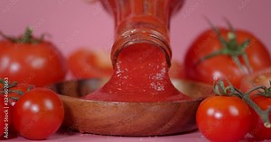 Pour tomato ketchup from a glass bottle.