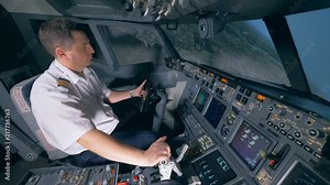 Beginning of landing process performed by a professional aviator. Cockpit cabin flight deck.
