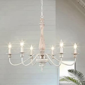 Farmhouse Chandeliers for Dining Room, 6-Light Vintage Wood French Country Chandelier, Rustic Candle Chandelier Hanging Light Fixtures for Bedroom Living Room Foyer Entryway