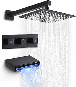 SKOWLL 3 Handle Tub Shower Faucet, Bathroom Shower Faucet Set with 10 Inch Shower Head Wall Mount Waterfall Spout with Light, LED Waterfall Bath Tub Trim Kit, Matte Black