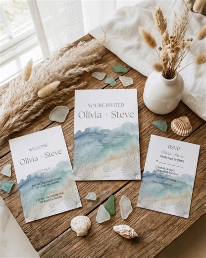 Watercolor Beach Wedding Invitation Suite, Teal Palm Leaf, Editable Canva (digital Download) - Etsy