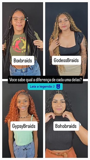 Studio AfroED on Instagram: "Entenda a diferença entre Box Braids, Goddess Braids, Gypsy Braids e Boho Braids 1. Box Braids As Box Braids são tranças clássicas feitas com o uso de fibra sintética. Essa técnica não envolve cachos adicionais, focando apenas na estrutura das tranças. 2. Goddess Braids As Goddess Braids são semelhantes às Box Braids, mas trazem um toque especial: a adição de cachos orgânicos ao longo das tranças. No nosso Studio, essa é a técnica mais procurada, porque, caso a clien