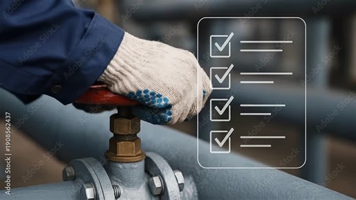 Glove hand worker pipe valve checklist inspection maintenance industry safety, turning valve industrial pipe, gloved worker performs safety inspection with checklist overlay, industrial safety