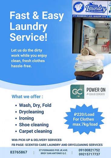 Your One-Stop Laundry Solution! Tired of laundry piling up? Let us handle the mess while you enjoy more time for what matter most! ✅ Wash, Dry & Fold– Fresh, clean clothes hazzle free ✅ Dry Cleaning – Gentle care for your delicate and favorite outfits ✅ Shoe Cleaning– Bring your kicks back to life, spotless and bright ✅ Carpet Cleaning – Say goodbye to stains, odors, and germs 🚚 Pick-Up & Delivery Available– Convenience at your doorstep! SAME DAY LAUNDRY SERVICE most of the time! 📍 Serving are