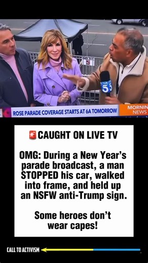 CALL TO ACTIVISM on Instagram: "🚨CAUGHT ON LIVE TV Follow @calltoactivism and @reallyamericanmedia OMG: During a New Year’s parade broadcast, a man STOPPED his car, walked into trame, and held up an NSFW anti-Trump sign. Some heroes don’t wear capes! #sharethis #lockhimup #nevertrump #stoptrump politicalmemes"