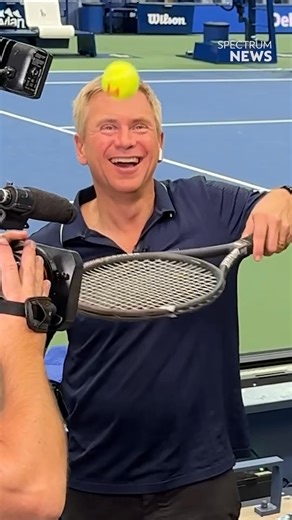 At the U.S. Open, Pat Kiernan puts his tennis and Stef Manisero's focus skills to the test by dribbling a tennis ball during live coverage. | Spectrum News NY1