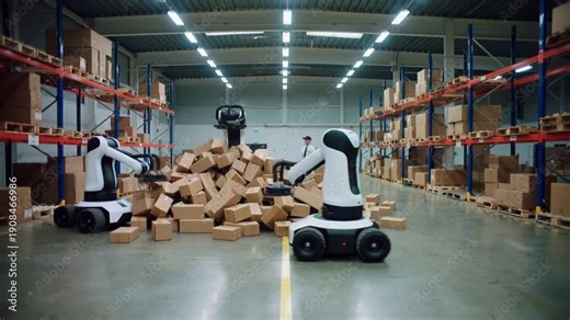 Logistics supervisor managing autonomous mobile robots in large fulfillment center. Backward camera movement revealing warehouse floor with scattered cardboard boxes.