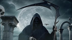 Grim Reaper Holding a Scythe Full Moon 4K Loop features an A.I. Generated video of a skeletal grim reaper holding a scythe with a full moon behind and bat creatures flying in a loop.
