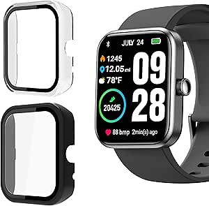 Lamshaw Compatible for TOZO S2 Case, Hard PC Case with Tempered Glass Screen Protector Compatible with TOZO S2 44mm 1.69-inch Smart Watch (2 pack-Black+Clear)